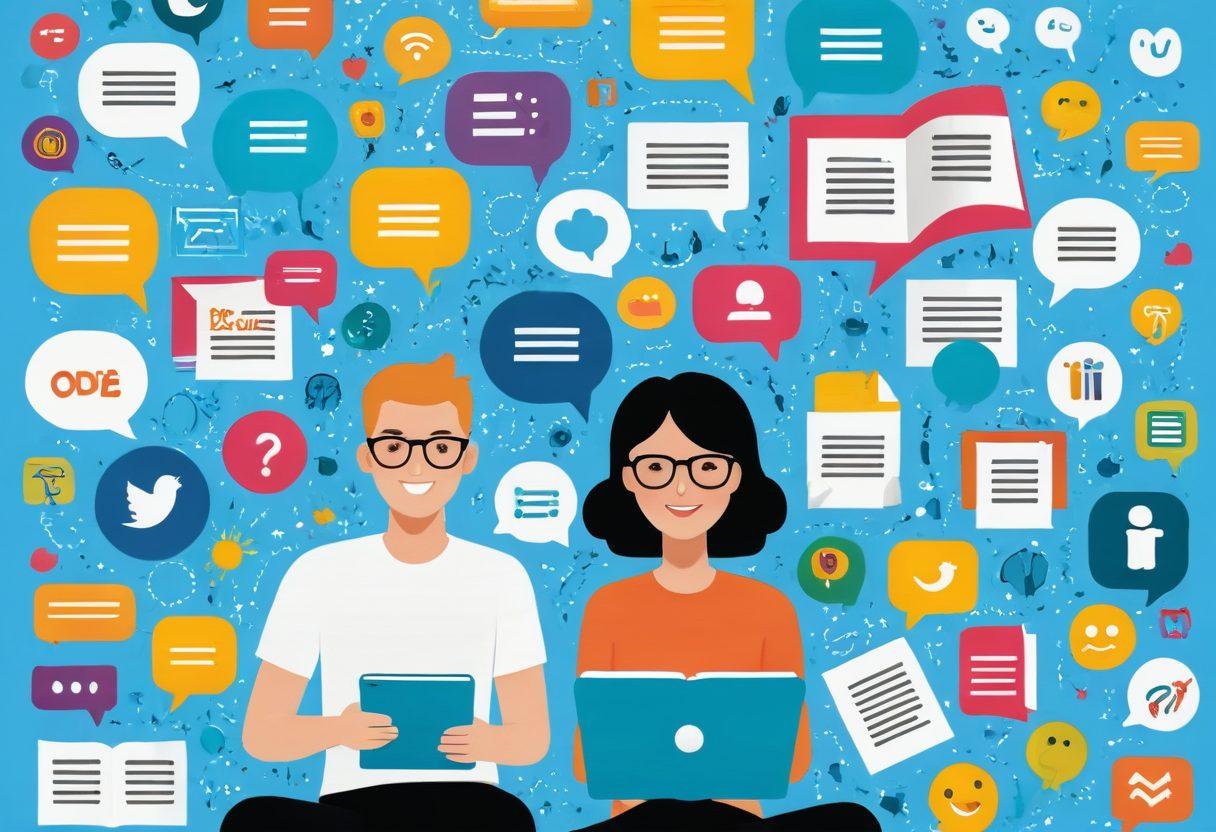 A whimsical illustration of a bustling online space with various digital icons representing adult content and grammar, such as open books, chat bubbles, and playful emojis. In the center, a friendly character, perhaps a modern-day grammarian, guides users with a clipboard, pointing to a clear path signposted with grammar tips. Bright colors and an engaging layout to attract attention while maintaining a playful yet informative tone. vector art. vibrant colors. white background.