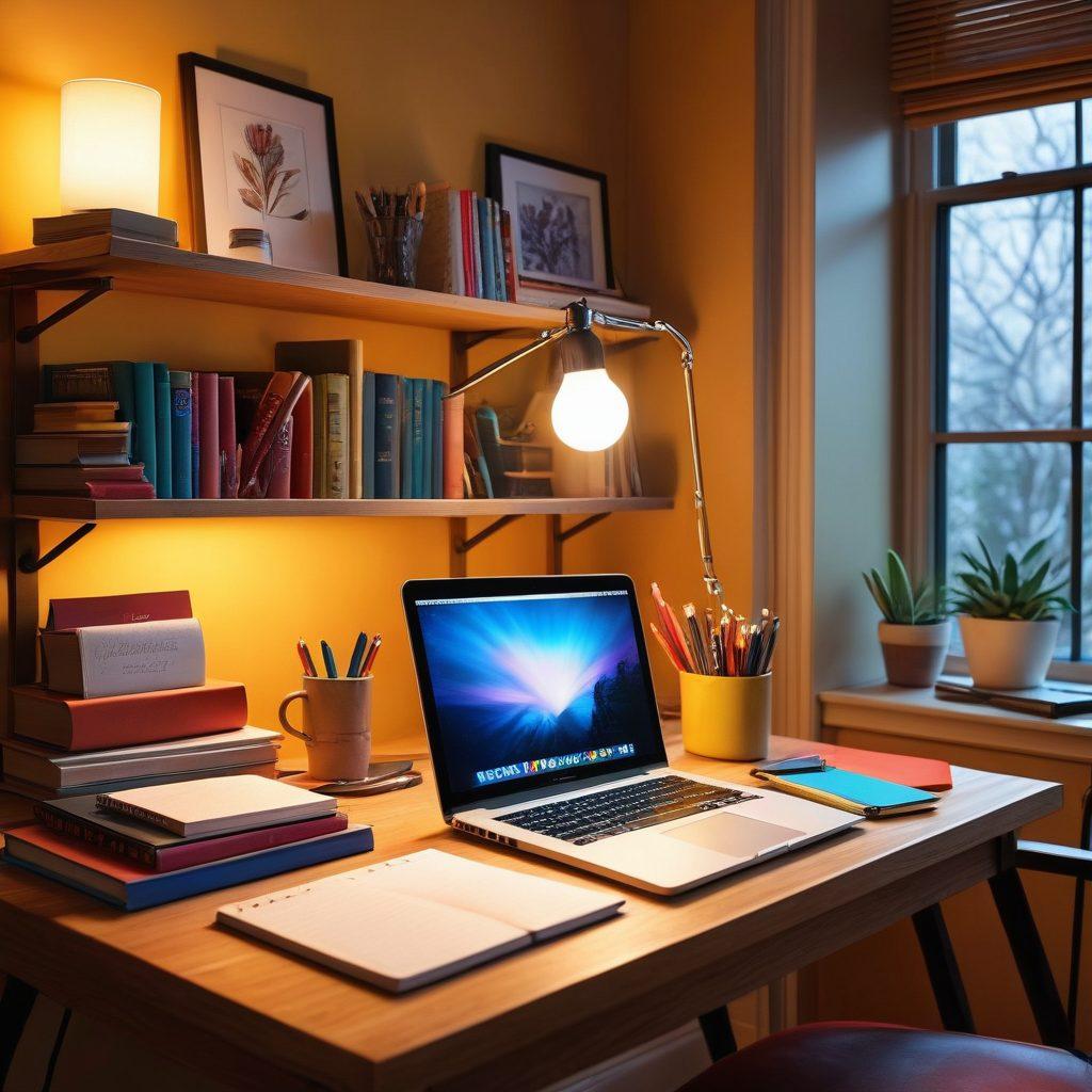 A visually captivating workspace filled with writing tools like notebooks, pens, and a laptop displaying engaging adult content articles. The background features subtle shelves lined with books on writing improvement and creativity. Warm ambient lighting creates an inviting atmosphere, while a steaming cup of coffee sits next to the laptop, suggesting productivity. The overall aesthetic blends professionalism with creativity, aiming to inspire writers to enhance their skills. super-realistic. vibrant colors. cozy ambiance.